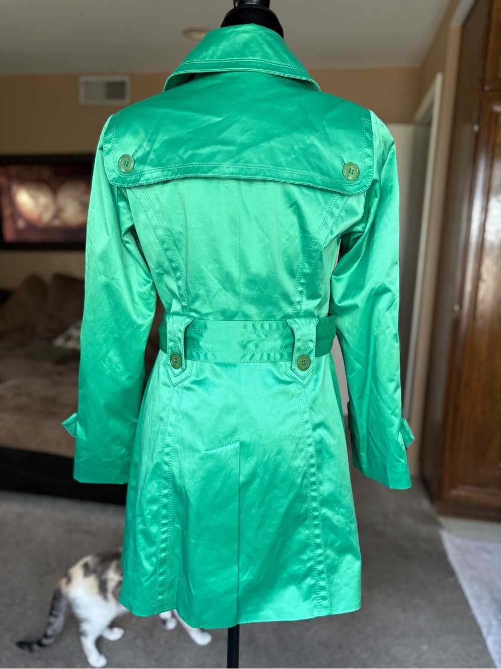 Jessica Simpson Green Satin Double-Breasted Trench Coat with Belt - Picture 8 of 15
